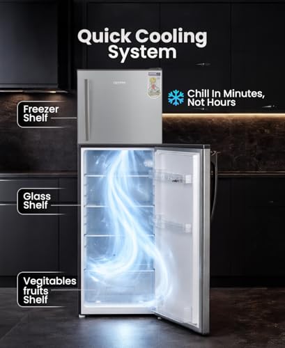 200L Gross/130L Net Capacity, Double Door Defrost Refrigerator With Grip Handle, Silver Finish, Adjustable Front Wheel, Quick Cooling, Low Voltage, Fridge - 90L/Freezer- 40L capacity GRF2209SXE Silver