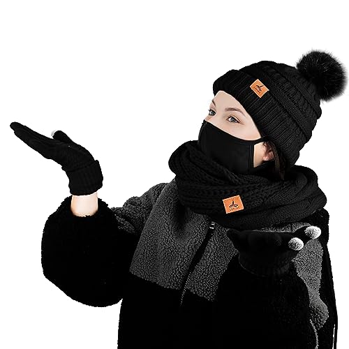 Winter Hat Scarf Gloves and Face Mask, Warm Knit Beanie Pompom Hat