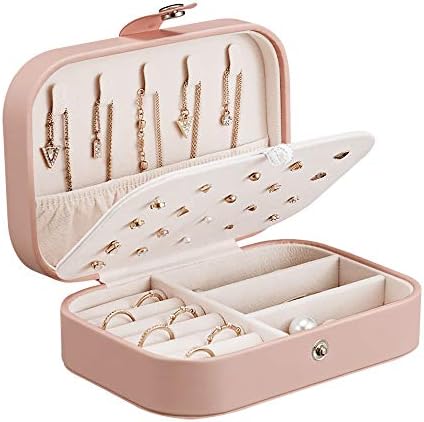 CsdBoy Travel Jewelry Box for Women, Portable Leather Travel Jewelry Case Organizer Velvet Double Layer with Lock for Girls Women's Rings Earrings Necklace and Bracelets -Pink