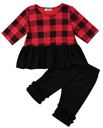 stylesilove Baby Toddler Girl Black and Red Plaid Jersey Top and Ruffle Legging 2 pcs Set (110/12-18 Months)