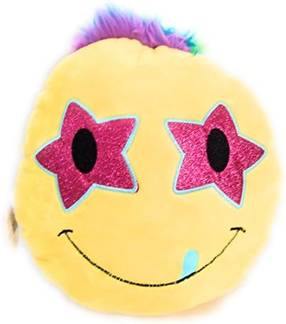 Pink Glitter Star Eyes Round Emoji Smiley Emoticon Cushion Throw Pillow Stuff Plush with Funky Colorful Rainbow Troll Hair Toy Doll Yellow
