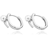 MYHAO Solid 925 Sterling Silver Pearl Hoop Earrings for Women Teens Simulated Pearl Huggie Earrings Hoops Hypoallergenic