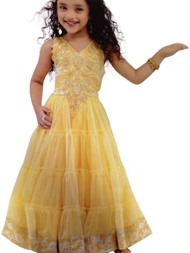 Girl's Partywear Yellow Long Gown/Frock, Size 16 for Girl's, Indian Clothing