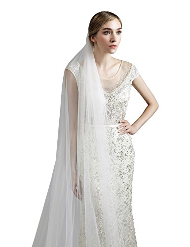anmor Women's 1T Long Wedding Veils Lace Applique Edge 3M Tulle Bridal Veil with Comb Ivory - Thumbnail 2