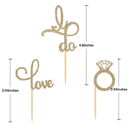 Donoter 48 Pcs Gold Glitter Diamond Ring Love I Do Cupcake Topper Picks for Wedding Engagement Party Cake Decorations