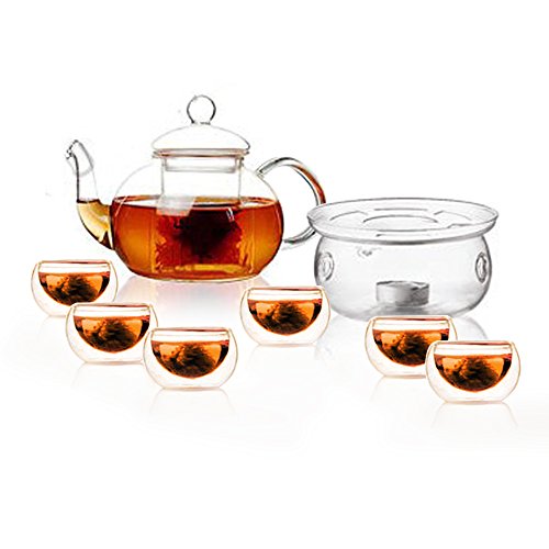 CGL Sky 27 oz glass filtering tea maker teapot (600c) with a warmer and 6 tea cups 50ml