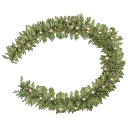Hibean 9ft Christmas Garland with Lights, Prelit Xmas Garland Battery Operated, Artificial Green Garland for Mantle, Fireplace, Indoor and Outdoor