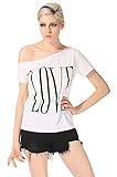 ANGVNS Women's Short Sleeve Letter Print Off Shoulder White Cotton Top T-shirt Blouse