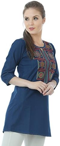 Dark Blue Denim Embroidered Keyhole Tunic