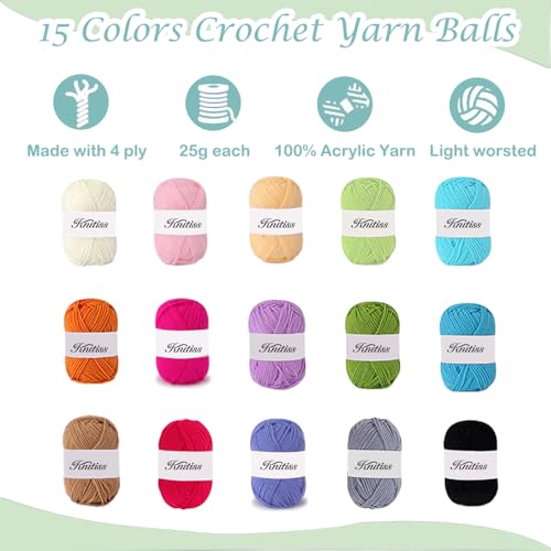 Knitiss Crochet Kits with Case, Beginner Crochet Set Includes 15 Yarn Skeins & 12 Ergonomic Crochet Hooks