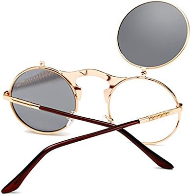 VeBrellen Retro Round Flip-Up Steampunk Sunglasses Clamshell Metal Frame Sunglasses (Brown Frame Grey Lens, 46)