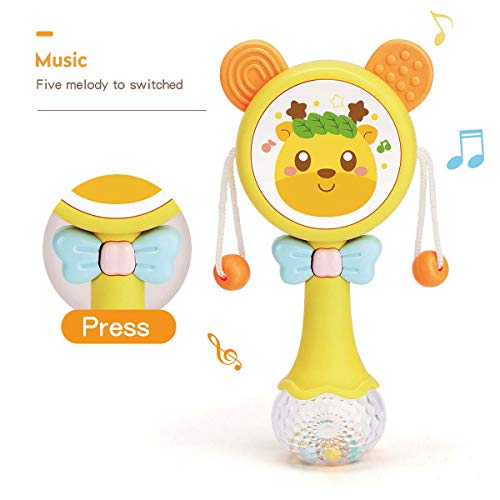 Rattles Toy Drum for Infants, Shaker Toy Musical rattles for Babies with Light up and Singing for boy or Girl Birthday Gift (Yellow)