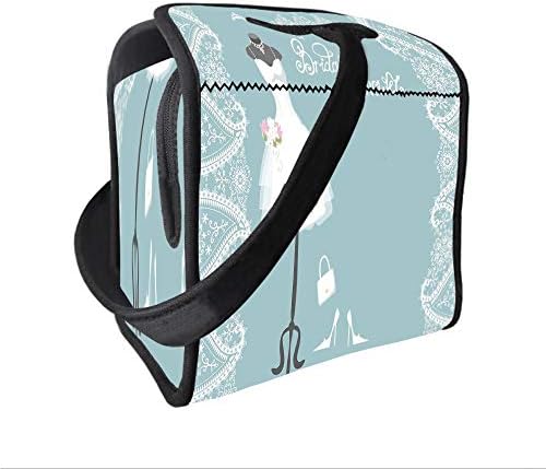 Neoprene Lunch Tote Bag with Shoulder Strap,Bridal Shower Decorations,Vintage French Inspired Bride Dress with Floral Frames,Baby Blue and White,for boys girls and adults
