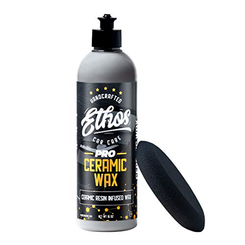 Ethos Handcrafted Car Care Ceramic Wax PRO - Non-Stick Coating Protection | Proven to Outlast Hybrid Polymer Sealants or Waxes | Deep Mirror Shine | Slick, Hydrophobic Finish 16Oz, Free Applicator