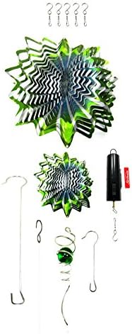 WorldaWhirl Whirligig 3D Wind Spinner Hand Painted Stainless Steel Twister Star (12" 3D, 6.5" 3D, 11" Spiral, Battery Motor, Etc, Multi Color Green Silver Teal)