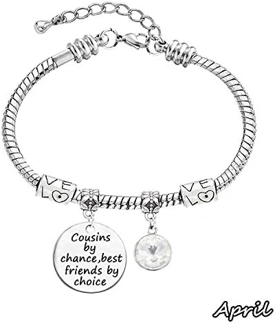 LINKY Stainless steel Snake Chain Bracelet ,Birthstone Crystals Bracelet,Cousin Gift, Cousin Jewelry Bracelet,Cousins by Chance,Best Friends by Choice Bracelet (D April)