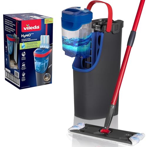 Vileda H2PrO Bodenwischer Set mit Eimer,100% Trennung von Frisch und Schmutzwasser,Hygienisches Reinigungssystem mit Mikrofaser, Wassersparend, ergonomisch | Einhandbedienung | Eco-Verpackung | Grau