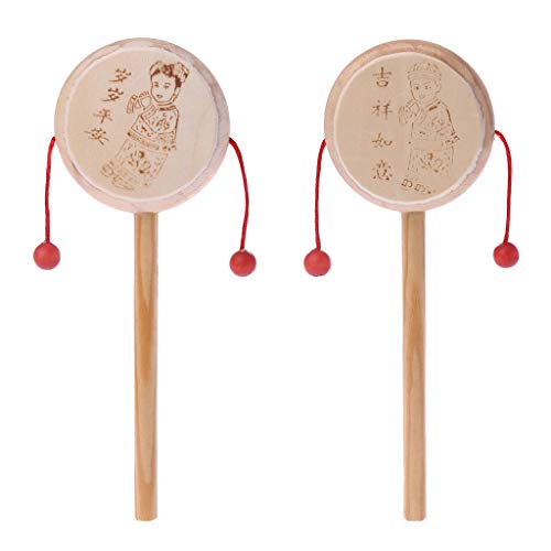 Dabixx Music Toy, Wood Cartoon Chinese Traditional Spinning Rattle Drum Hand Bell Baby Musical Toy - Color Randomly