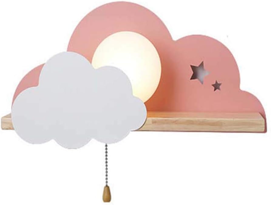 Jsyuany Children's Room Wood Wall Light with Switch Creative Cloud Shape Wall Lamp Cartoon Design Bedsidelampe with Wooden Shelf Boys and Girls Bedroom Bedsidelight Decoration Sconce, E27 Socket,Pink