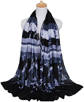 Women Scarves Flower Printing Cotton Shawl Warm Scarf (Black)