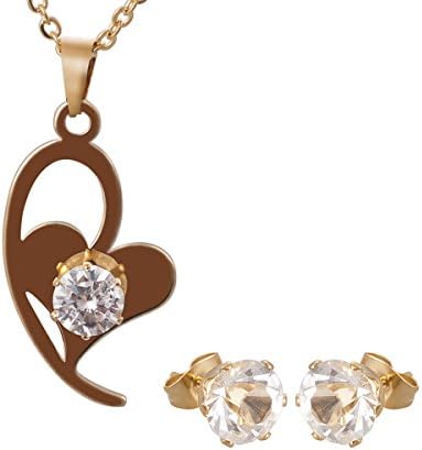 Heart Hollow Out &amp; Clear Crystal Pendant Necklace and Earrings Jewelry Set