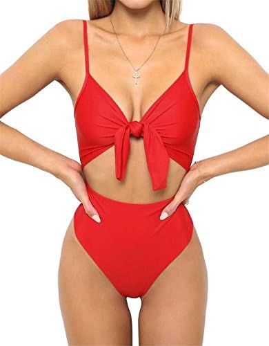 Women's Sexy Front Tie Knot Padded One Piece Backless Swimsuit Beach Bathing Suit Monokini (Red, Asian XL = US (10))