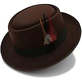 Cotilafi Classic Pork Pie Hat with Feathers Flat Top Fedora, Vintage Panama Hats, Warm Comfortable Jazz Cap