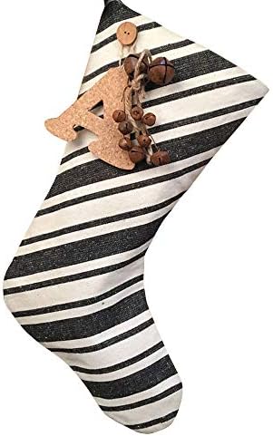 JCS 18" Dark Charcoal Gray Stripe Christmas Stocking with Personalized Letter Charm and Rusty Bell Ornament by Jubilee Creative Studio