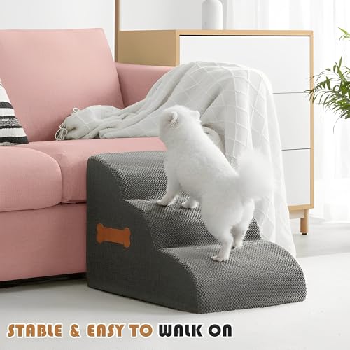 Beauenty Dog Stairs Ramp for Beds & Couches, Extra Wide Pet Steps with Non-Slip Fabric, Ideal Dog Ramp for Bed, Perfect Dog Stairs for Small Dogs and Cats,Grey,3-Tiers