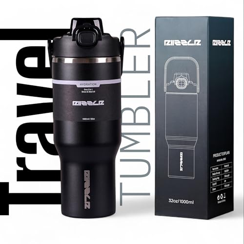 RIIZZLR® 1000ml Insulated Water Bottle Tumbler with 2-in-1 Straw & Sip Lid – Stainless Steel Vacuum Flask, Double Wall, BPA-Free, Leakproof, Wide Mouth, Keeps Drinks Hot 12H / Cold 24H (Black)