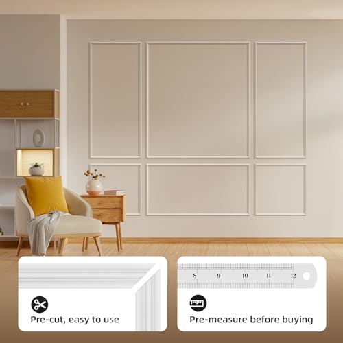 JSIWOTH 6 Frames Self Adhesive Wall Moulding Kit, Pre Cut Wall Panels for Interior Wall Decoration, DIY Frame Style Mouldings for Living Room, Bedroom, Hallway, Accent Wall, White