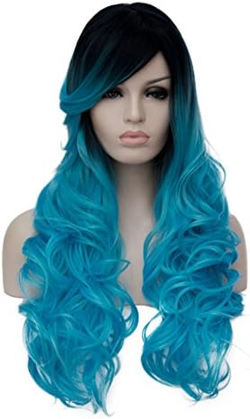 70cm 27.5" Black Blue Ombre Lolita Party Cosplay Natural Curly Long Hair Wig