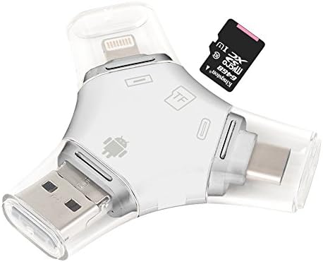 Jaremite Micro TF Card Reader Flash Device USB 2.0 Memory Card Reader Adapter with Lighting, Type-C, Micro USB, USB Connector for iPhone, iPad, Windows, Mac 4 in 1 - White