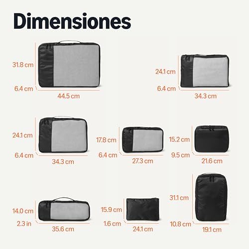 Conjunto de 8 cubos de bagagem de viagem, organizador de bagagem com fecho duplo, 100% poliéster, várias dimensões, preto