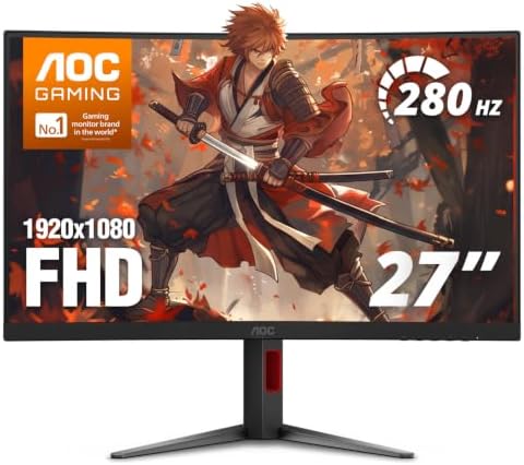 AOC 27 Inch Curved Gaming Monitor FHD 280Hz VA 0.3ms HDR, C27G4ZH | 1920×1080 Computer Monitor, FreeSync Premium, HDR, DP 1.4, HDMI 2.0, Earphone Out, Console Ready, 3-Year Warranty