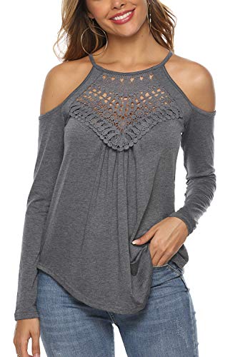 BLUETIME Long Sleeve T Shirt Women Fall Fashion Cold Shoulder Flowy Dressy Tops Blouses Grey L