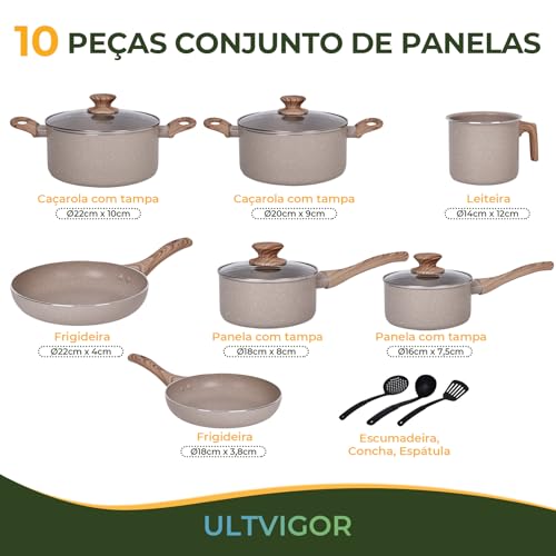 ULTVIGOR,Jogo de Panelas Cerâmica Antiaderente Indução 10 Peças, Compatível com Fogão de Indução, Gás e Elétrico, Cinza