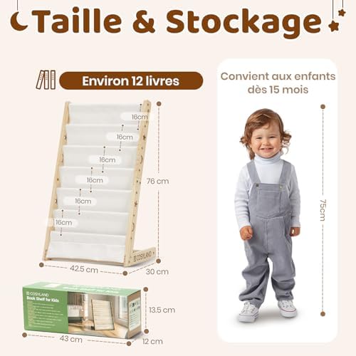 Bibliotheque Enfant en Bois Massif à 7 Niveaux - Etagere de Rangement pour Livres - Présentoir Livres Bebe avec Design Stable - Meuble Montessori pour Chambre d’Enfant (42.5 cm, Naturel)