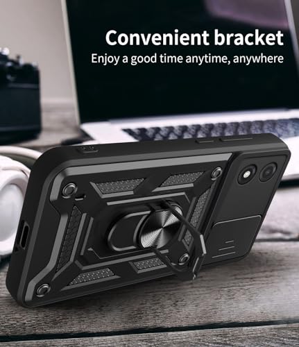 UPLAI Case for Motorola Moto E13 4G, Ultra Slim Anti-Shock Armor Case with Slide Camera Cover and Stand Magnetic Ring, PC+TPU Durable Case Case.Black