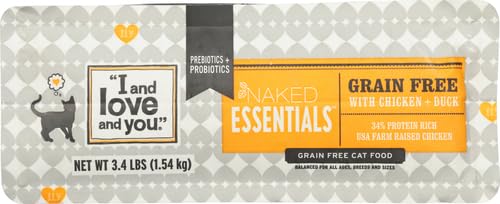 I AND LOVE AND YOU NAKED ESSENTIALS DRY CAT FOOD – CHICKEN + DUCK – GRAIN FREE, REAL MEAT, NO FILLERS, PREBIOTICS + PROBIOTICS, 3.4LB BAG