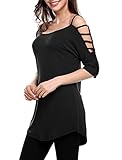 Halife Women's Cold Shoulder Tunic Tops Batwing 3 4 Sleeve Solid Long T Shirts