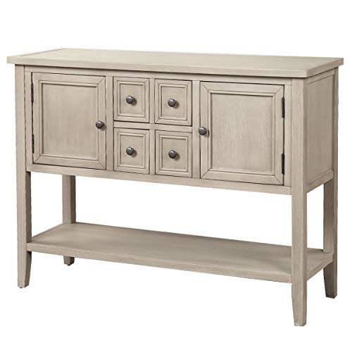 LOKESI Console Table Buffet Sideboard Sofa Table with 4 Storage Drawers Two Cabinets and Bottom Shelf (Antique Gray)