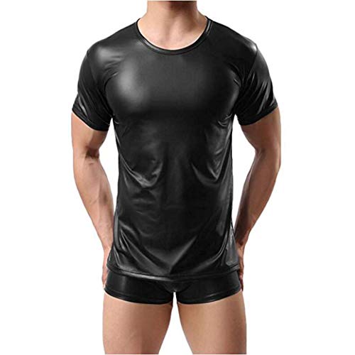 Moda-Sexy-Faux-Leather-T-Shirt-Camicie-Uomo-Sexy-Fitness-Top-Gay-T-Shirt-Tees-Uomo-Stage-T-Shirt-O-Collo-Sexy-Uomo-Abbigliamento-Casual