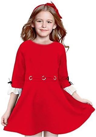 LYNLLA Girls O Neck Flare Long Sleeve Cotton Fashion Pleated Vintage Dresses Red 8T