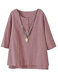 Minibee Women's 3/4 Sleeve Cotton Linen Jacquard Blouses Top T-Shirt (2XL, Pink)