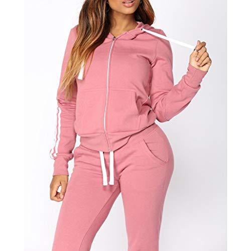Dreamyth-Winter 2Pcs Women Tracksuit Casual Stripe Zipper Long Sleeve Pullove Sport Tops+Long Pants Set (Pink, S) - Thumbnail 3