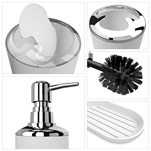 Bathroom Accessories Set 6 Pieces Plastic Bathroom Accessories Toothbrush Holder, Rinse Cup, Soap Dish, Hand Sanitizer Bottle, Waste Bin, Toilet Brush with Holder (White)