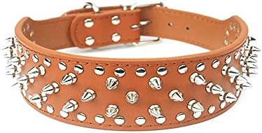 Strimm Wide Leather Spiked Studded Metal Dog Neck Training Collar for Large Breed Dogs-Brown