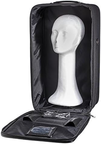 Travel Wig Case Combo Kits - Breathable Canvas Box with Carrying Handles and Shoulder Straps - Available with Wig Bands, Styrofoam Manikin Head, or Detangling Brush (21" with Styrofoam Head)