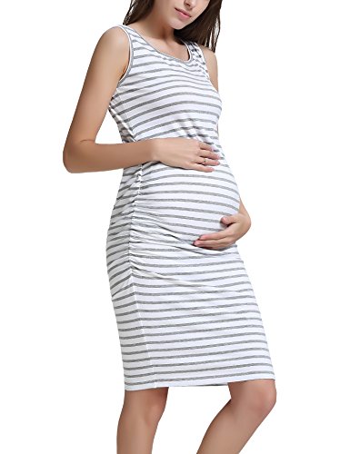 Bhome Maternity Dress,Sleeveless Midi Bodycon Dress For Pregnant Women,Casual Ruched Sides,Grey Striped L
